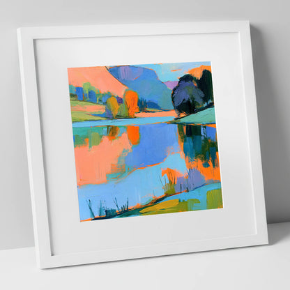Vibrant Reflections on a Calm Lake lake district lake art print in white frame
