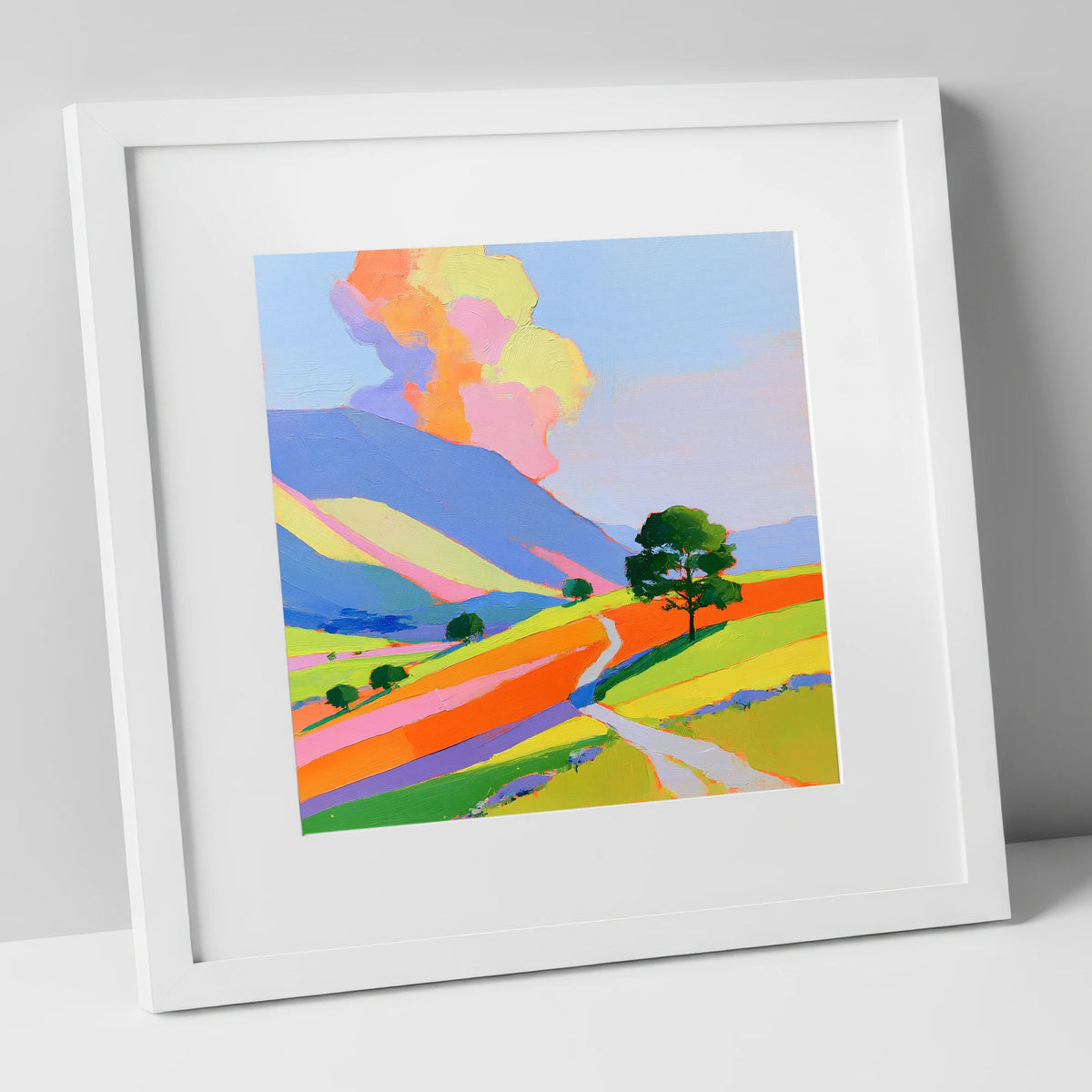 Winding Path Through Colourful Fells lake district fell art print in white frame