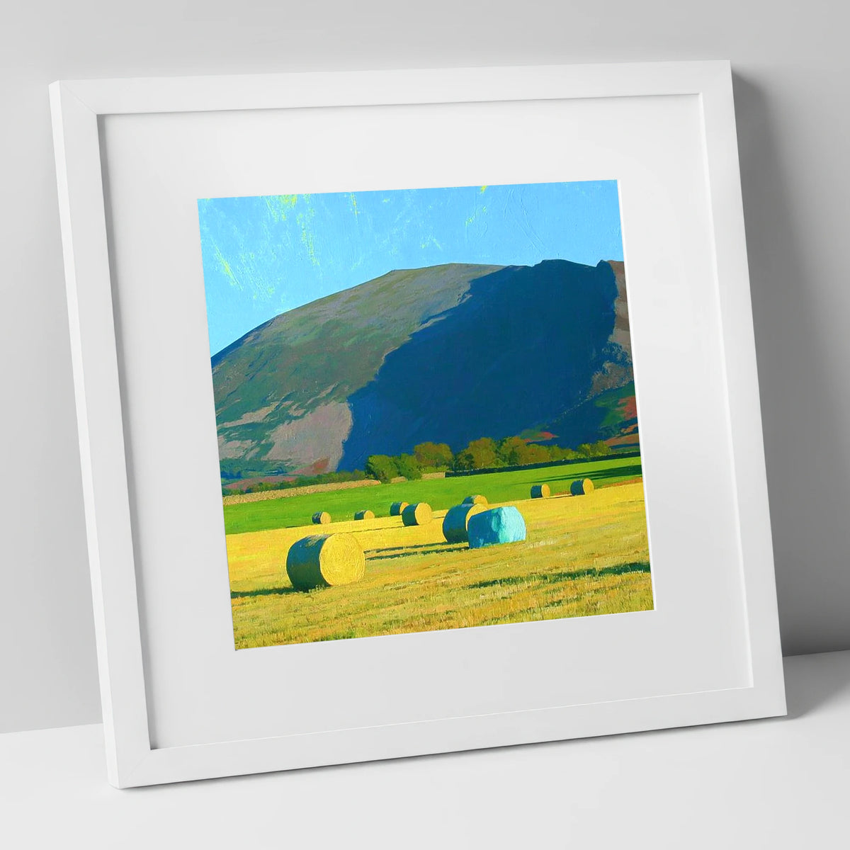 Blencathra Above Sunlit Hay Bales lake district fell art print in white frame