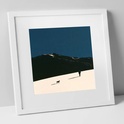 Silhouetted Dog Walker on Skiddaw gifts for dog walkers art print in white frame