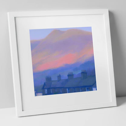 Skiddaw and Keswick Pastel Twilight lake district village art print in white frame