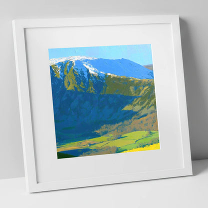Bleaberry Fell Snowy Crags lake district fell art print in white frame