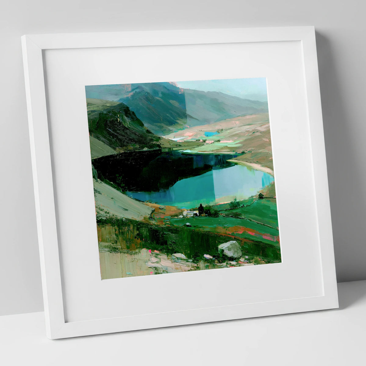 Dark Fell and Turquoise Tarn lake district fell art print in white frame