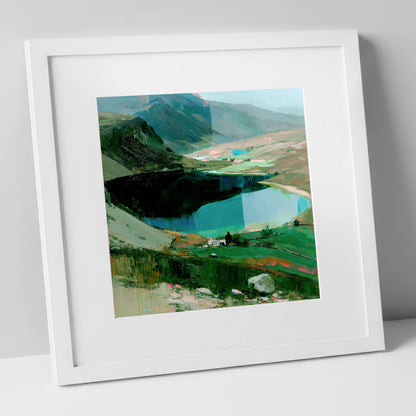 Dark Fell and Turquoise Tarn lake district fell art print in white frame
