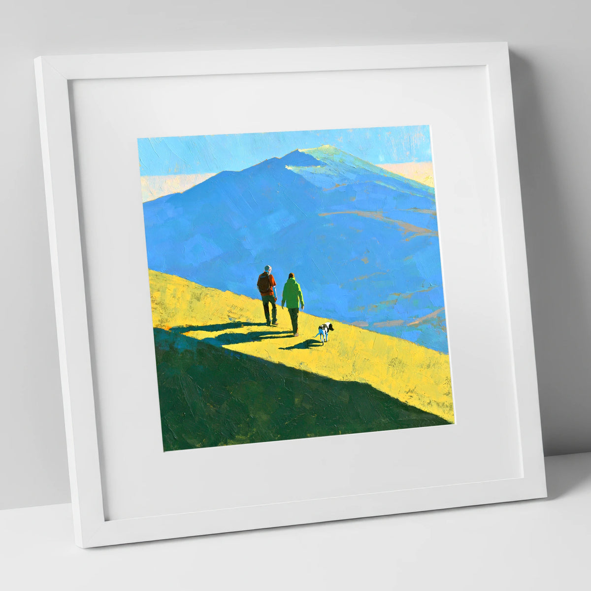 Sunlit Dog Walk on Skiddaw gifts for dog walkers art print in white frame