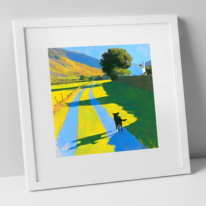 Summer Dog Walk in Wasdale gifts for dog walkers art print in white frame