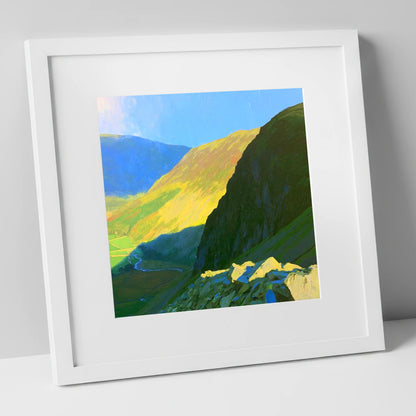 Sunlit Tarn Crag and Valley lake district fell art print in white frame