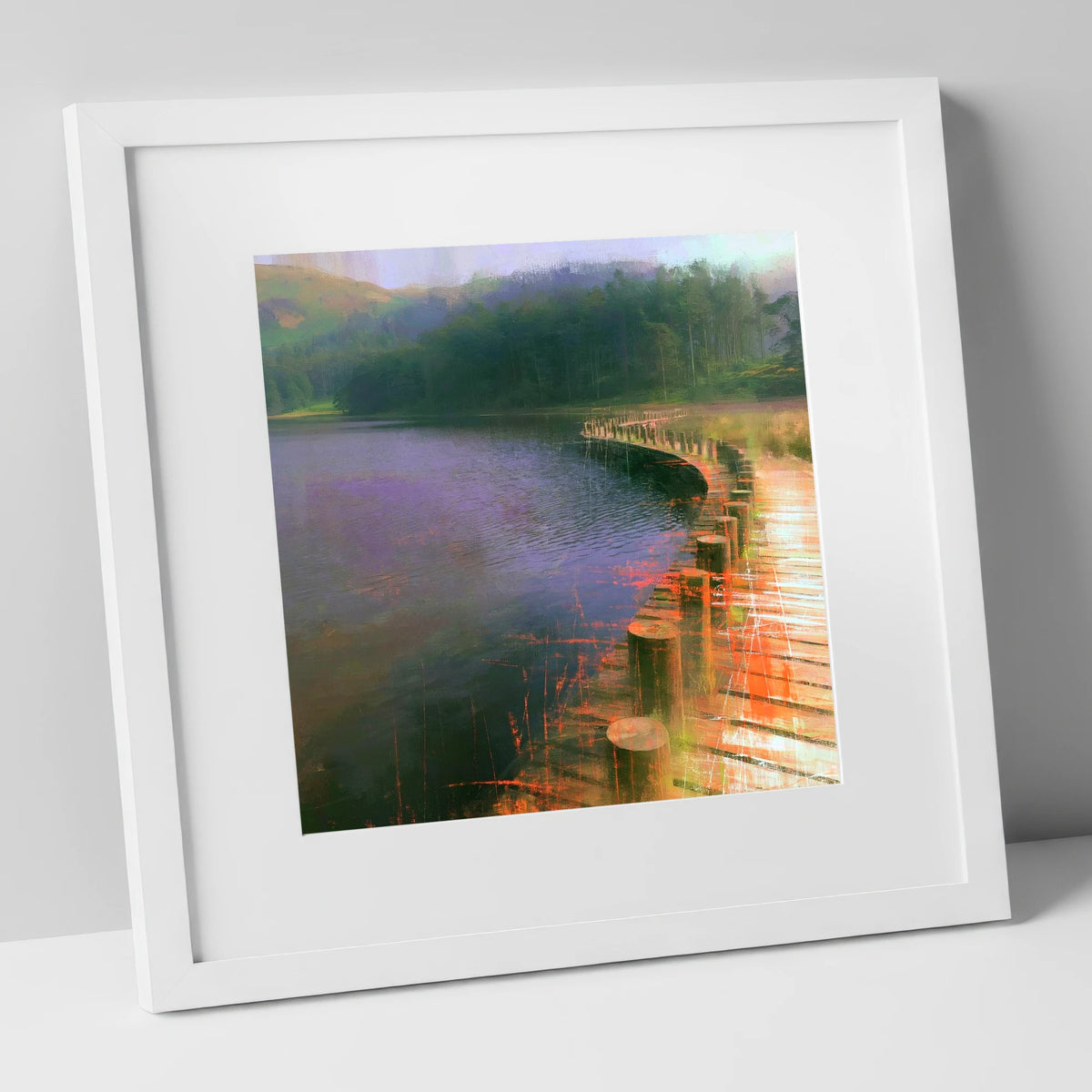 Tarn Hows Curving Boardwalk lake district lake art print in white frame