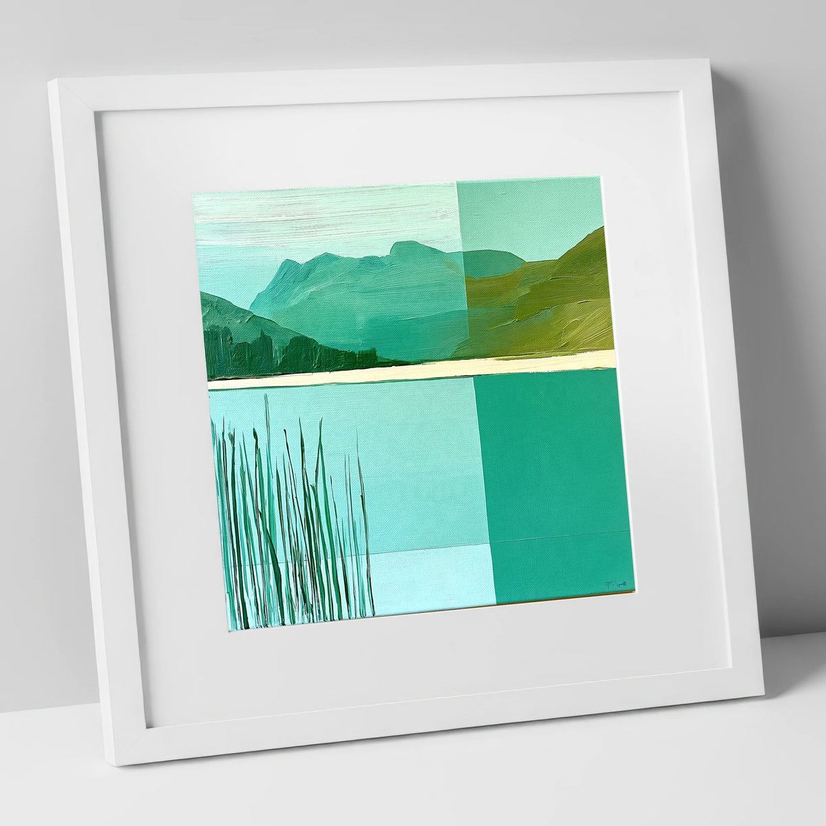 Teal Reeds at Elterwater lake district lake art print in white frame