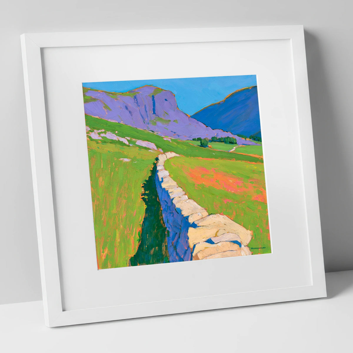 Vibrant Valley Drystone Wall lake district valley art print in white frame