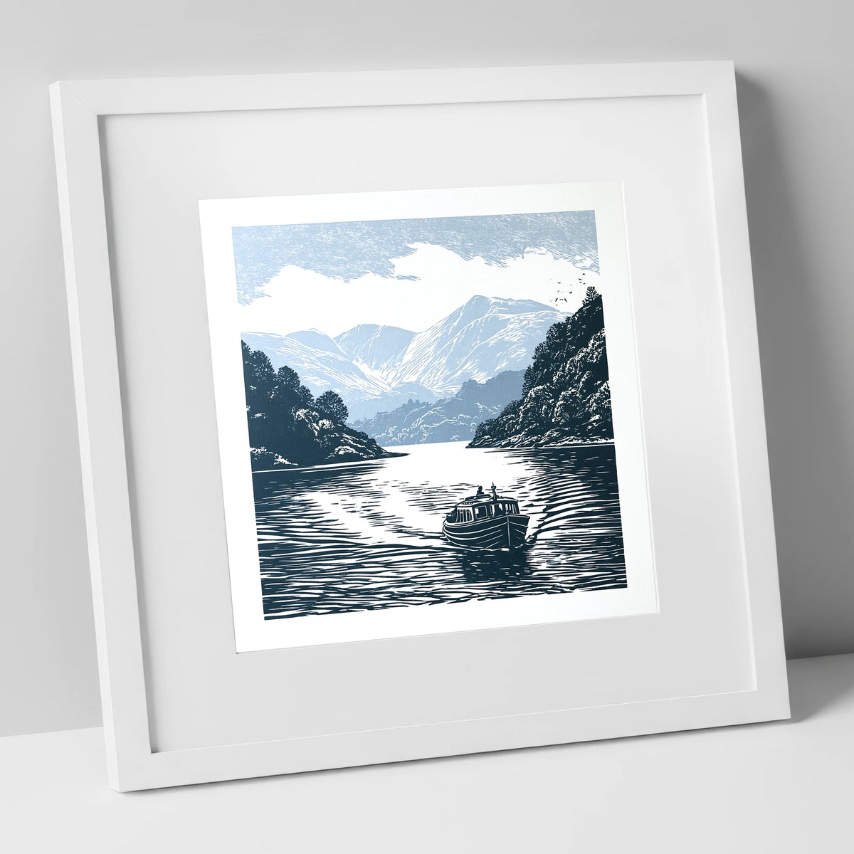 Coniston Water Launch in Navy lake district lake art print in white frame