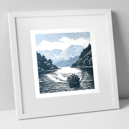 Coniston Water Launch in Navy lake district lake art print in white frame