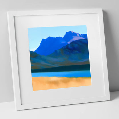 Bold Blue Langdale Pikes lake district fell art print in white frame