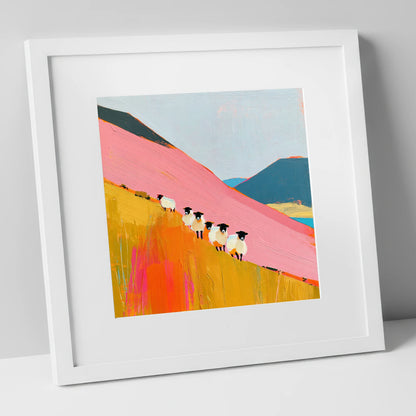 Vibrant Herdwick Sheep on Fellside lake district wildlife art print in white frame