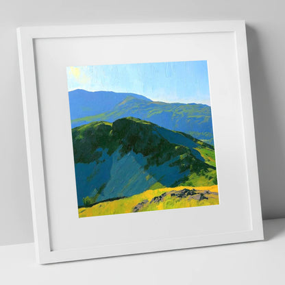 Sunlit Crags of Holme Fell lake district fell art print in white frame