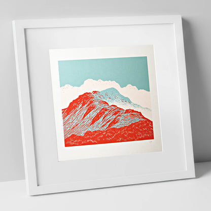 Graphic Red Fell Ridge lake district fell art print in white frame