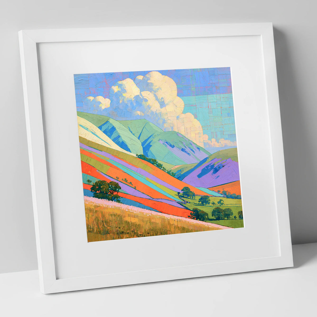 Vivid Colours on Rolling Fells lake district fell art print in white frame