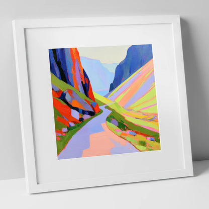 Winding Pass in Bold Hues lake district valley art print in white frame