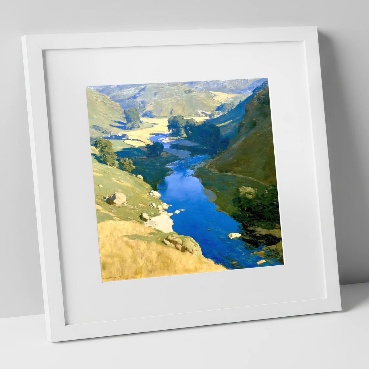 Vivid Blue Winding River Valley lake district waterfall art print in white frame