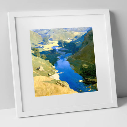Vivid Blue Winding River Valley lake district waterfall art print in white frame