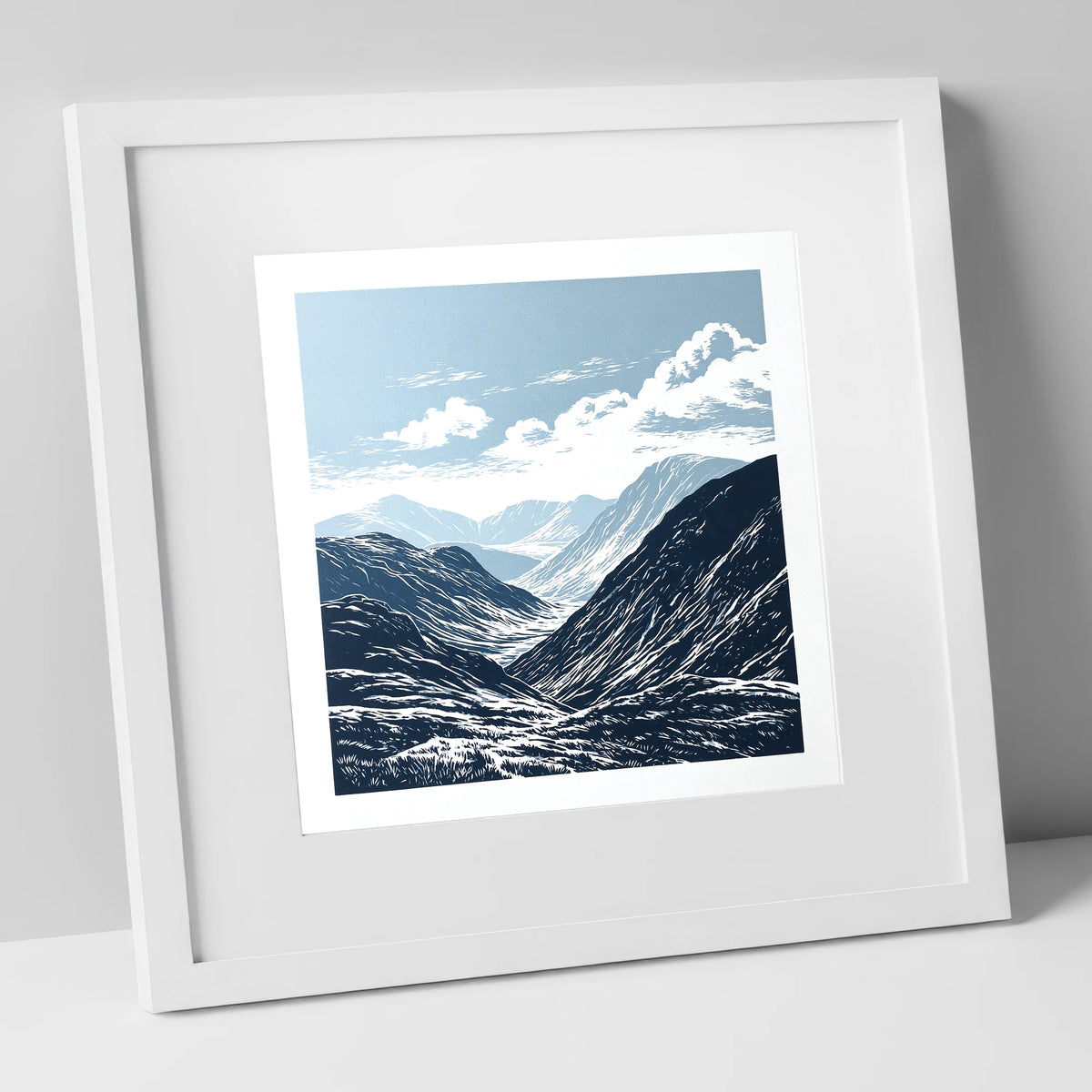 High Summit Valley in Navy lake district fell art print in white frame
