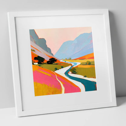 Vibrant River Winding Through Fells lake district waterfall art print in white frame