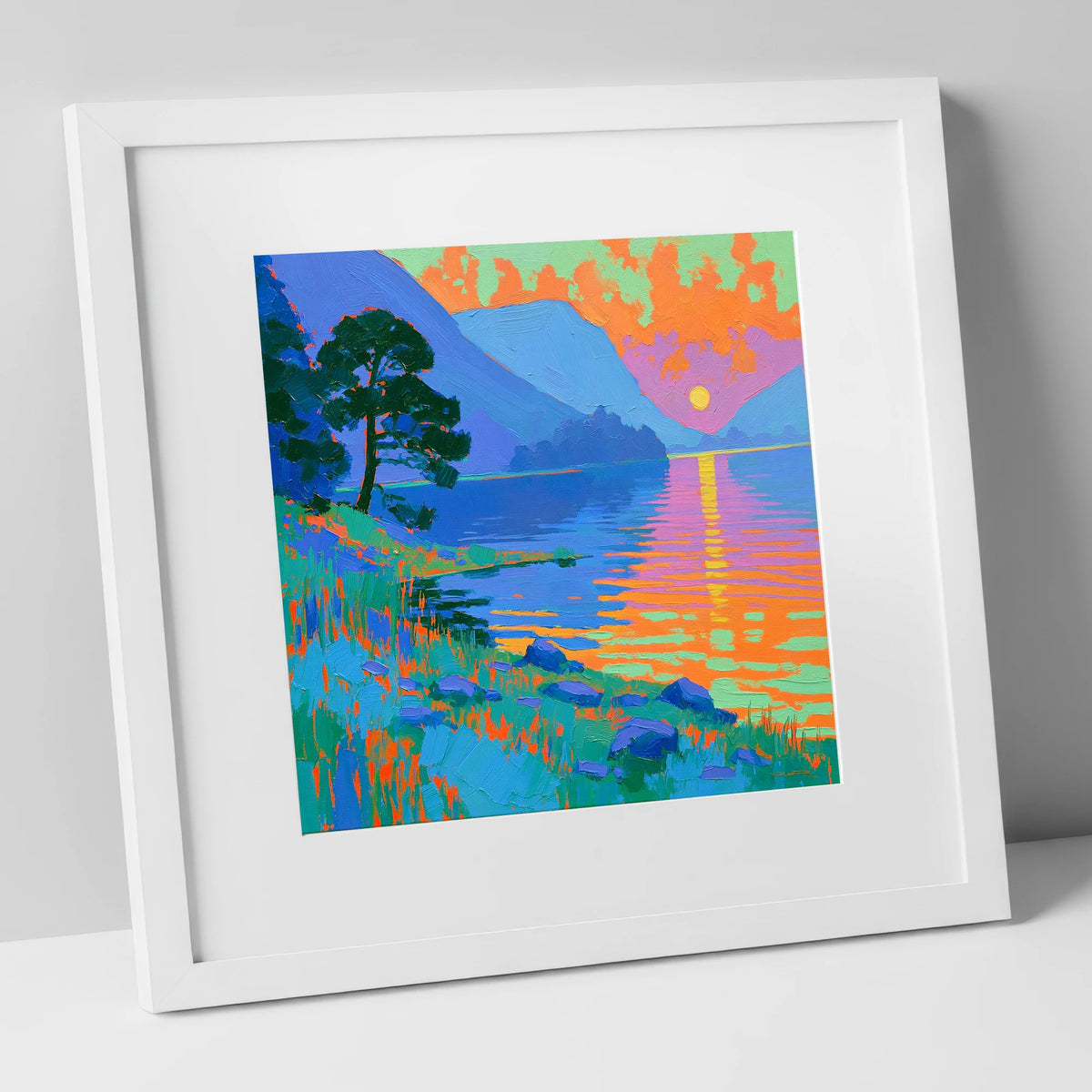 Bold Sunset Over The Lake lake district lake art print in white frame