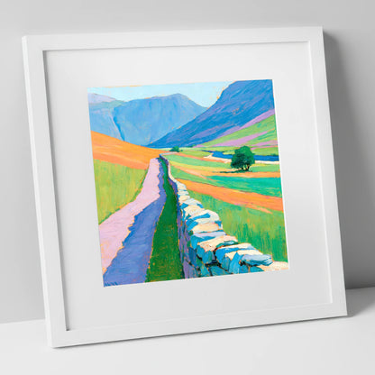 Drystone Wall Through Vivid Valley lake district valley art print in white frame