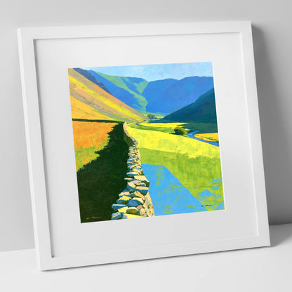 Drystone Wall Through Vibrant Valley lake district valley art print in white frame