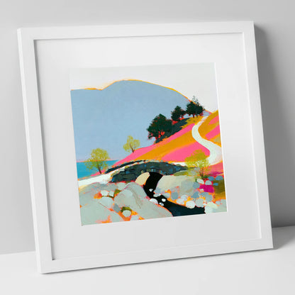 Bold Colours at Ashness Bridge lake district waterfall art print in white frame