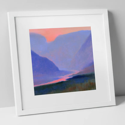 Twilight River Through Indigo Fells lake district waterfall art print in white frame