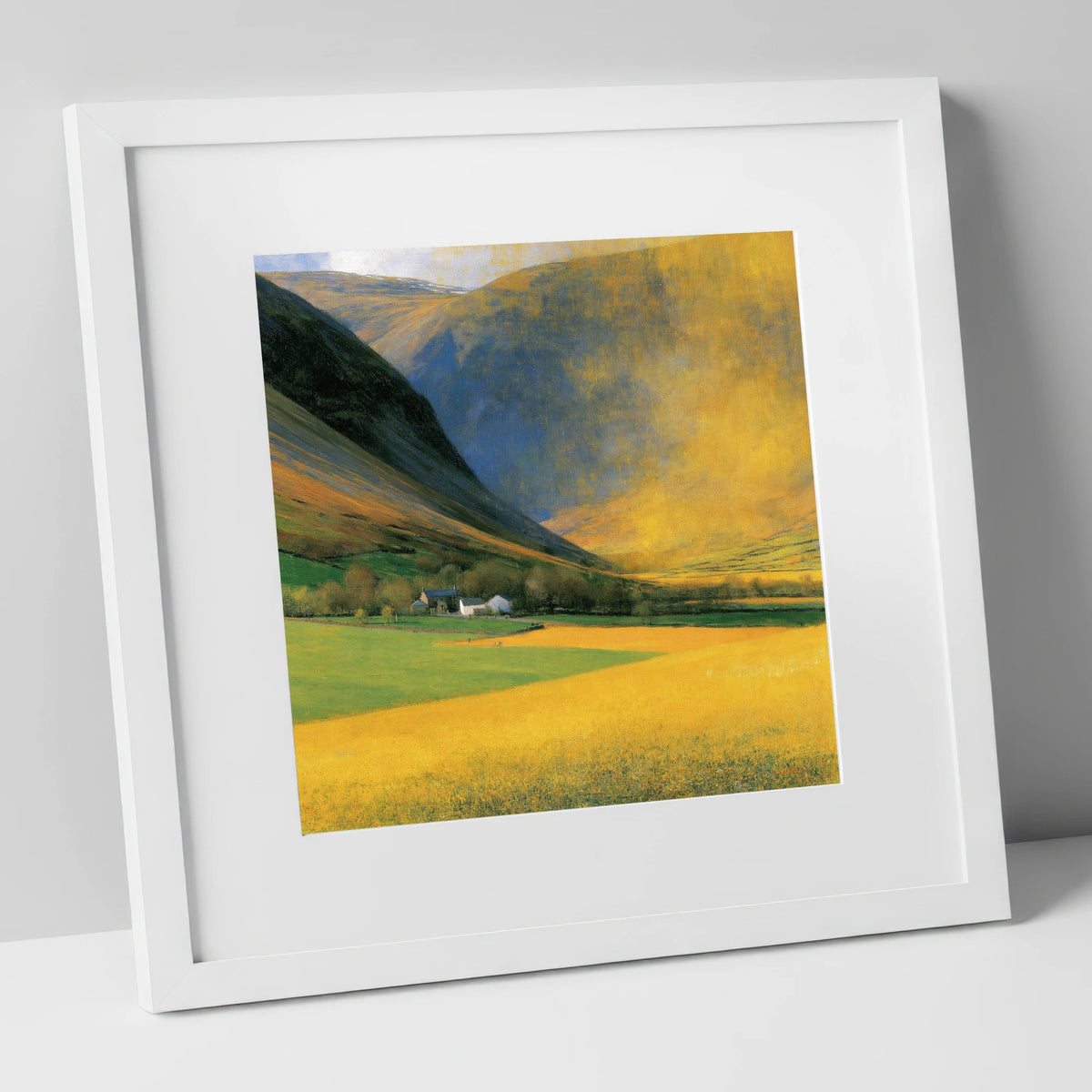 Golden Light Over Valley Fields lake district valley art print in white frame