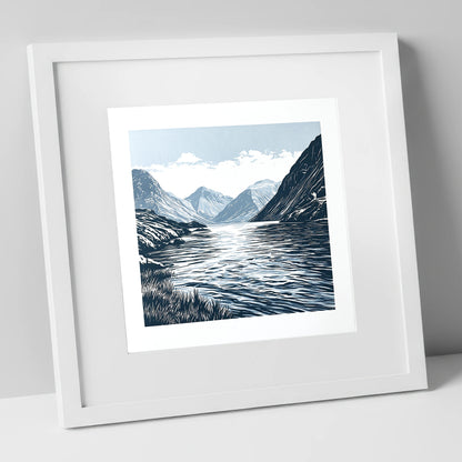Wasdale Fells In Deep Navy lake district valley art print in white frame