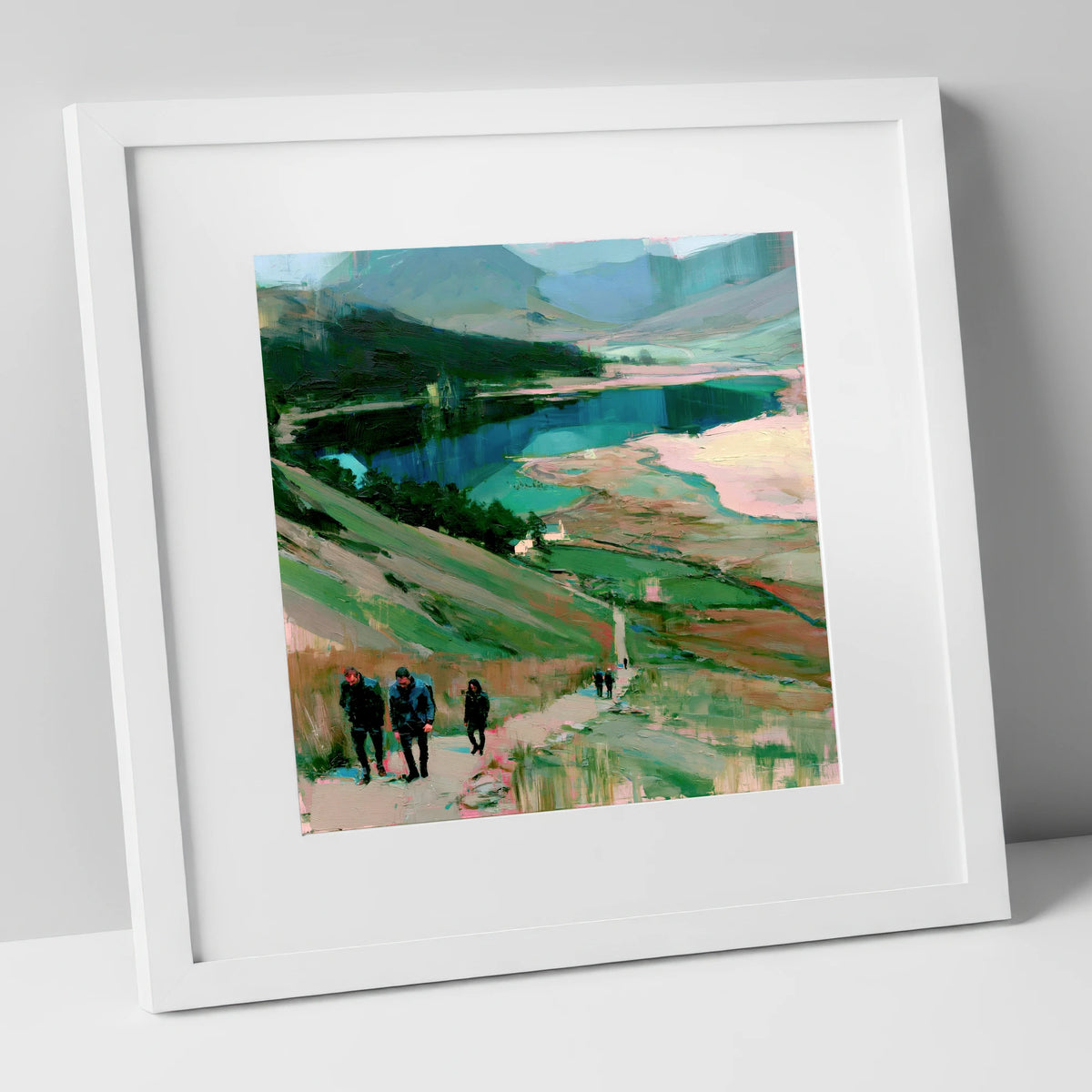 Fell Walkers Above the Lake lake district fell art print in white frame