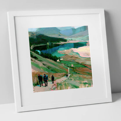 Fell Walkers Above the Lake lake district fell art print in white frame