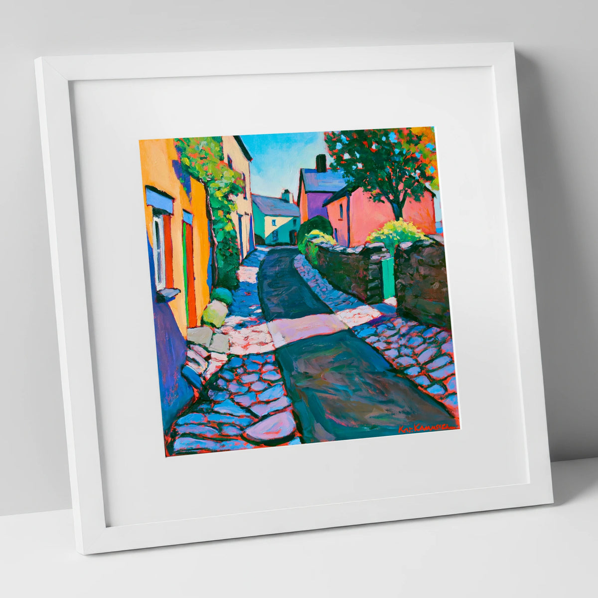 Vibrant Cobbled Village Street lake district village art print in white frame