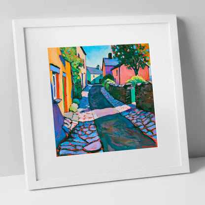 Vibrant Cobbled Village Street lake district village art print in white frame