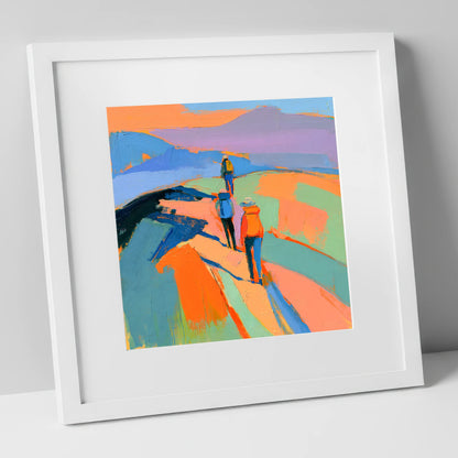 Vivid Hikers on a Fell Ridge lake district fell art print in white frame