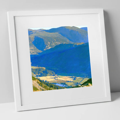 Sunlit Patterdale from Place Fell lake district village art print in white frame