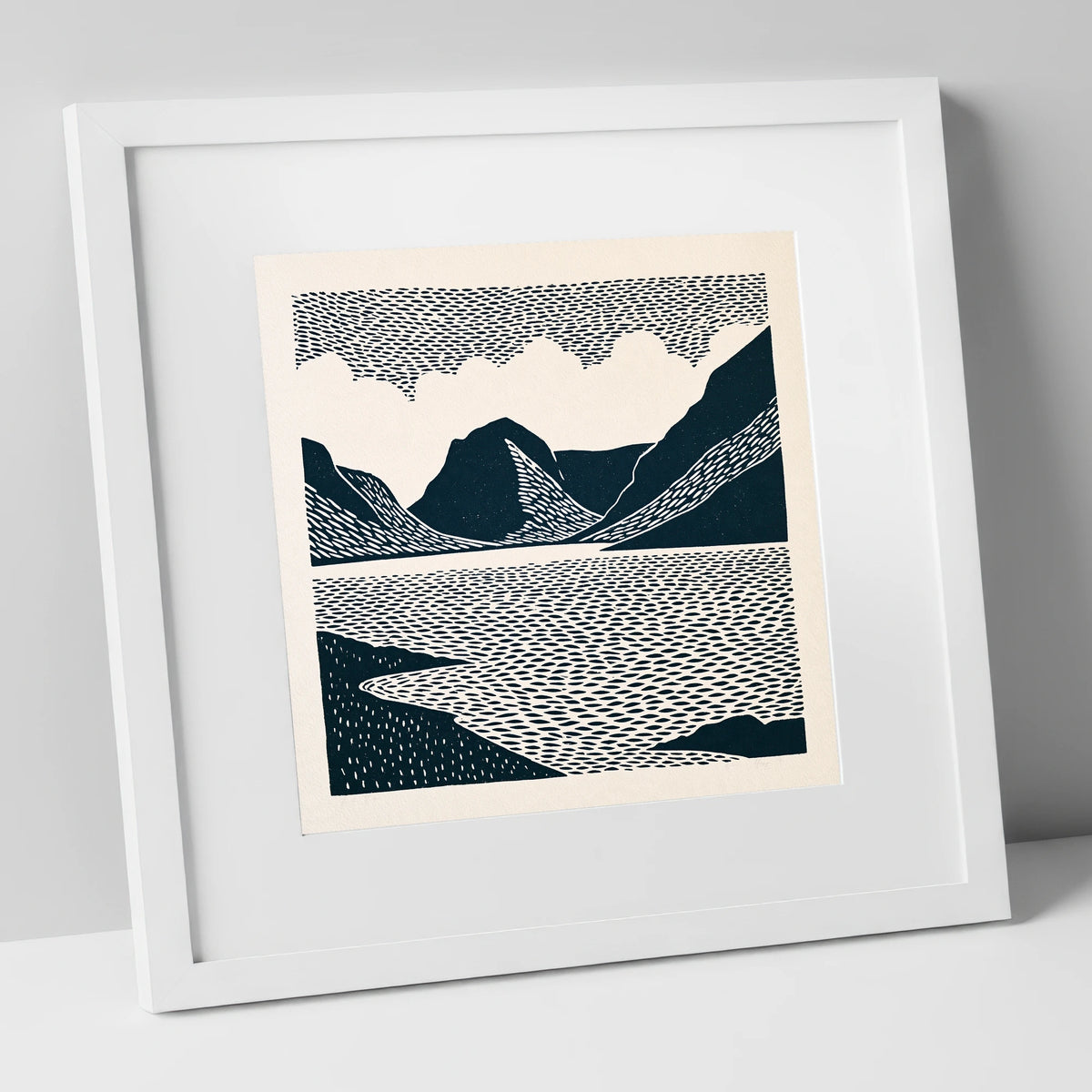 Crummock Water Graphic Landscape lake district lake art print in white frame