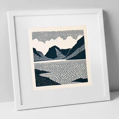 Crummock Water Graphic Landscape lake district lake art print in white frame