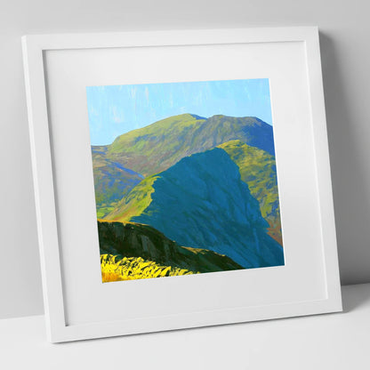 Sunlit Crags of Wetherlam Ridge lake district fell art print in white frame