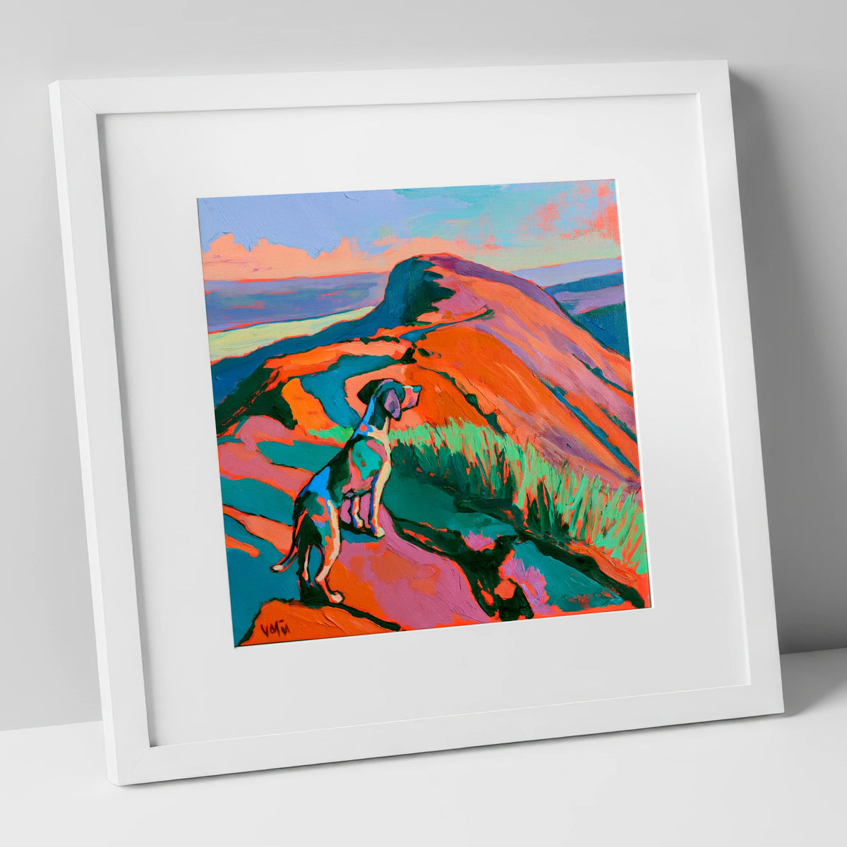 Vibrant Dog on Helvellyn Summit gifts for dog walkers art print in white frame
