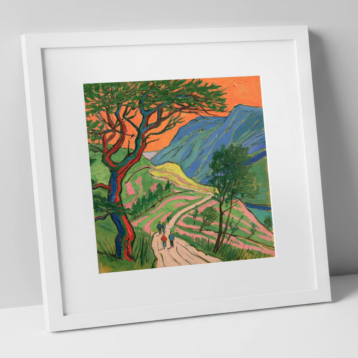Fell Path Beneath an Orange Sky lake district walking art print in white frame