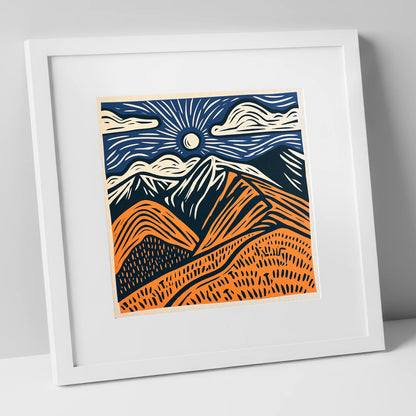 Blencathra in Terracotta and Navy lake district fell art print in white frame