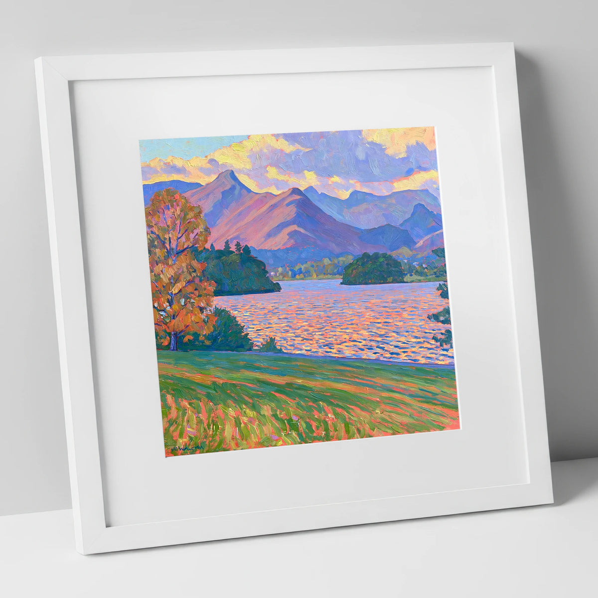 Radiant Derwentwater from Crow Park lake district village art print in white frame
