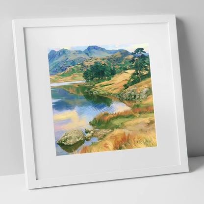 Pine Copse by the Fellside Lake lake district lake art print in white frame