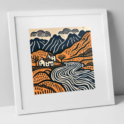 Grasmere Valley in Terracotta and Navy lake district lake art print in white frame
