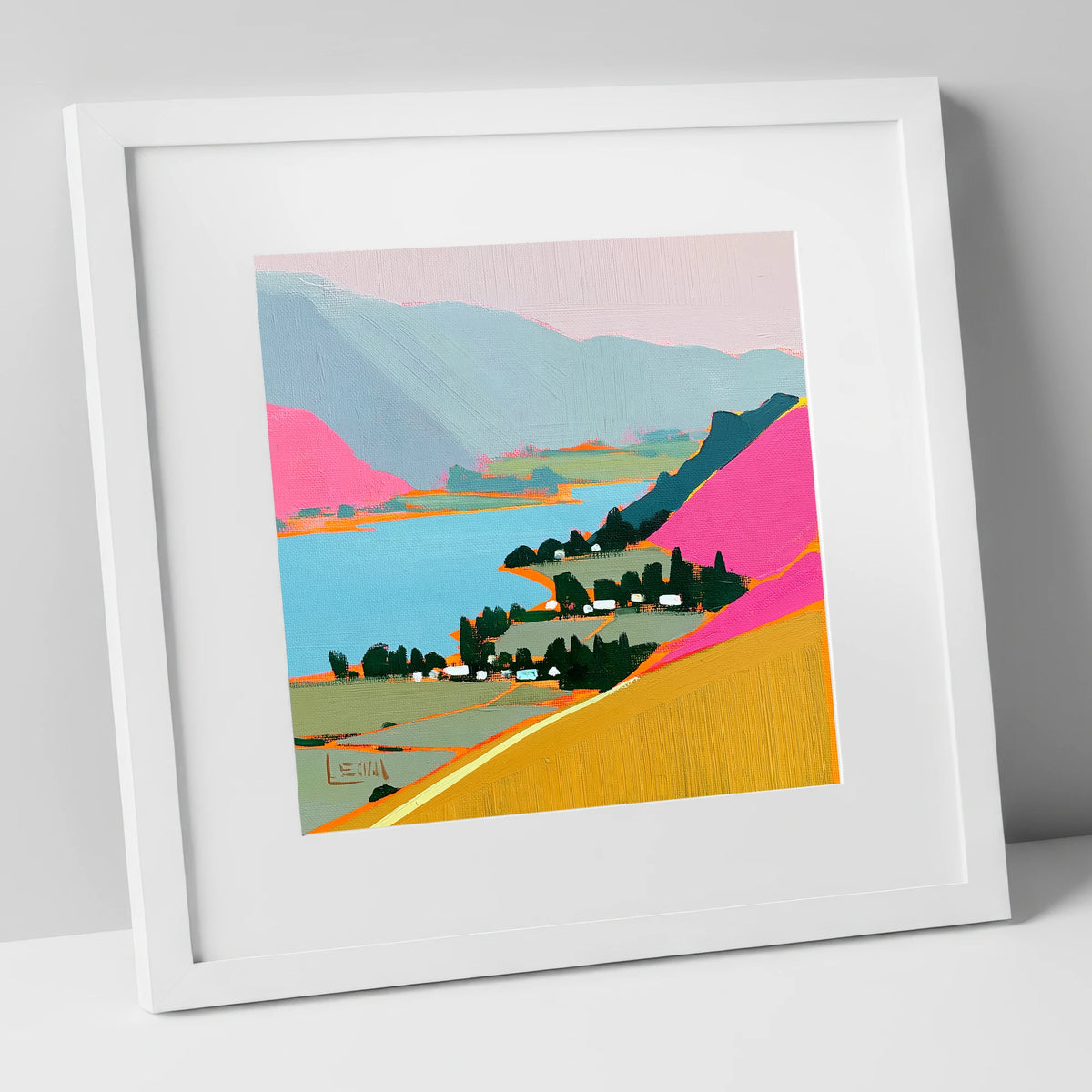 Vibrant Ullswater from Place Fell lake district village art print in white frame