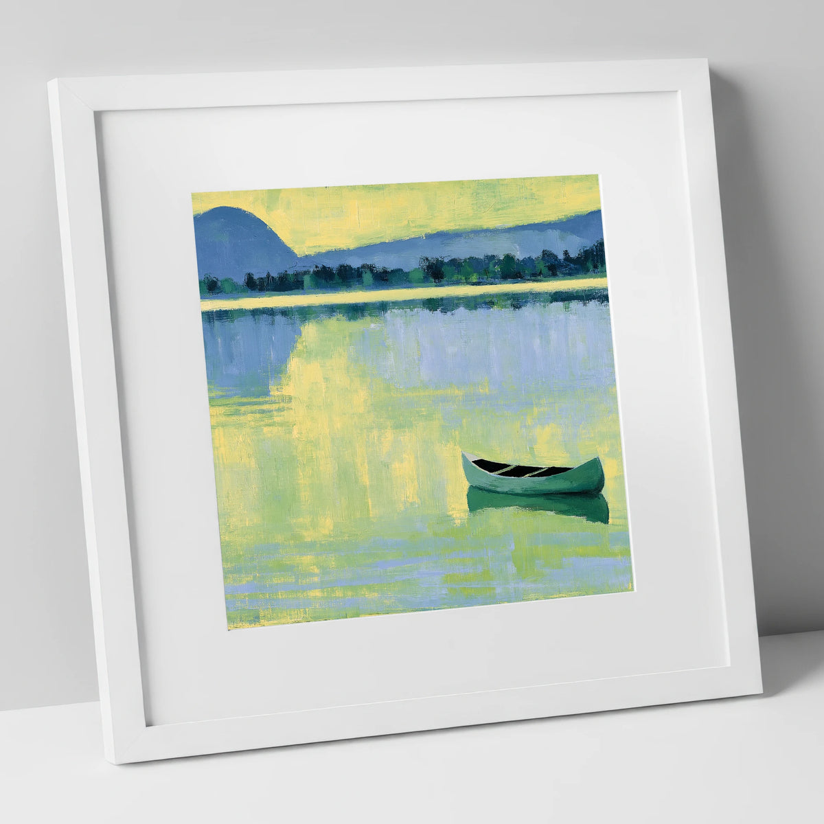 Windermere Canoe in Yellow Light lake district lake art print in white frame